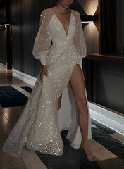 Ivory Deep V-Neck Sequin A-Line Sweep Train Wedding Dress with Long Sleeves and Slit