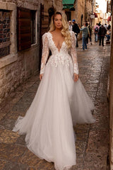 Ivory Deep V-Neck Tulle A-Line Sweep Train Wedding Dress with Lace Appliques and Long Sleeves