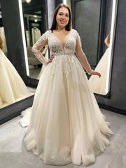 Ivory Deep V-Neck Tulle A-Line Sweep Train Wedding Dress with Lace Appliques and Long Sleeves