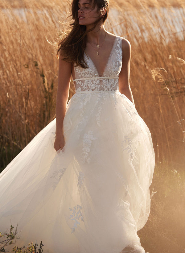 Ivory Deep V-Neck Tulle A-Line Wedding Dress with Lace Appliques