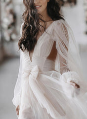 Ivory Deep V-Neck Tulle A-Line Wedding Dress with Long Sleeves Bodice Detail