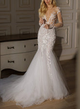Ivory Deep V-Neck Tulle Mermaid Wedding Dress with Lace Appliques and Long Sleeves