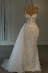 Ivory Halter Sequin Sheath Sweep Train Wedding Dress with Lace Appliques