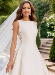 Ivory High Neck Satin A-Line Chapel Train Wedding Dress with Lace Appliques Bodice Detail