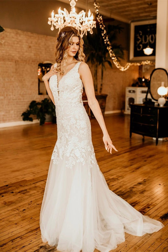 Elegant Mermaid V-neck Lace Tulle Long Wedding Dresses