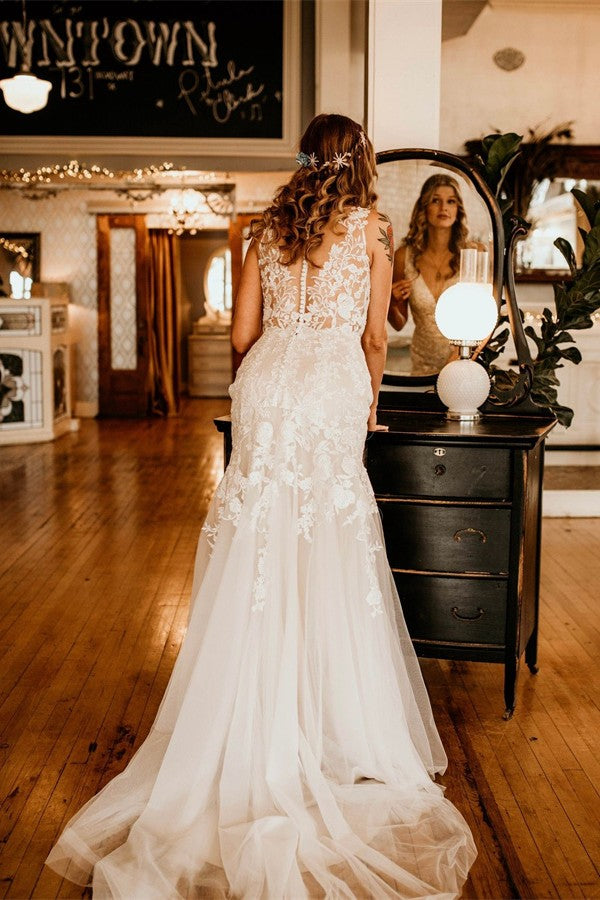 Elegant Mermaid V-neck Lace Tulle Long Wedding Dresses
