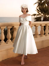 Ivory Off The Shoulder Satin A-Line Wedding Dress with Pockets