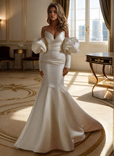 Ivory Off The Shoulder Satin Mermaid Sweep Train Wedding Dress with Long Sleeves