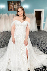 Ivory Off The Shoulder Tulle A-Line Chapel Train Wedding Dress with Lace Appliques and Slit