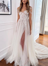 Ivory Off The Shoulder Tulle A-Line Chapel Train Wedding Dress with Lace Appliques and Slit
