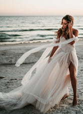 Ivory Off The Shoulder Tulle A-Line Chapel Train Wedding Dress with Slit