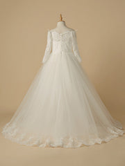 Ivory Off The Shoulder Tulle Ball Gown Flower Girl Dress with Long Sleeves Back View