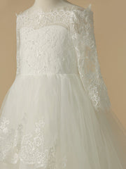 Ivory Off The Shoulder Tulle Ball Gown Flower Girl Dress with Long Sleeves Bodice Detail