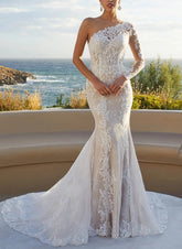 Ivory One Shoulder Lace Mermaid Wedding Dress with Long Sleeves