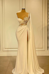 Ivory One Shoulder Sequin Sheath Sweep Train Wedding Dress with Slit