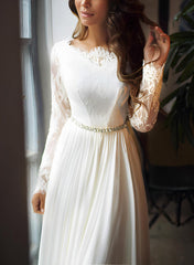 Ivory Scoop Neck Chiffon A-Line Sweep Train Wedding Dress with Lace Appliques and Long Sleeves Bodice Detail