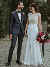 Ivory Scoop Neck Sheath Sweep Train Wedding Dress with Lace Appliques
