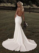 Ivory Spaghetti Strap Mermaid Chapel Train Wedding Dress