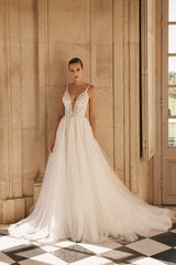 A-Line V-neck Tulle Beading Open Back Long Wedding Dresses