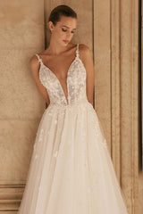 A-Line V-neck Tulle Beading Open Back Long Wedding Dresses