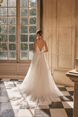 A-Line V-neck Tulle Beading Open Back Long Wedding Dresses