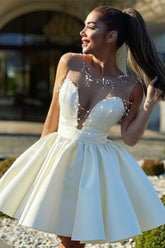 Ivory Sweetheart Satin A-Line Homecoming Dress with Pearls