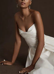 Ivory Sweetheart Satin A-Line Sweep Train Wedding Dress with Slit Bodice Detail