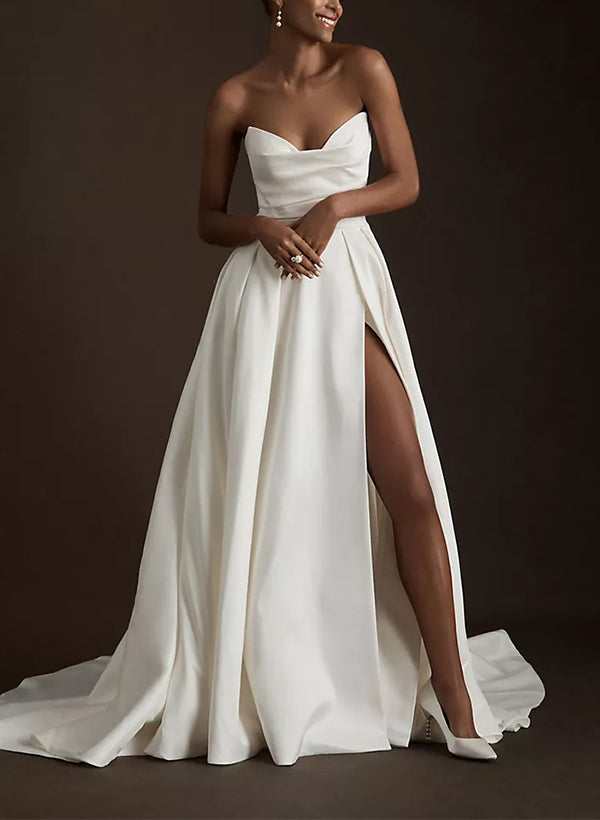 Ivory Sweetheart Satin A-Line Sweep Train Wedding Dress with Slit