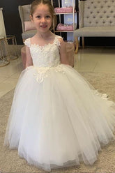 Ivory Tulle Ball Gown Flower Girl Dress with Lace Appliques