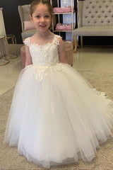 Ivory Tulle Ball Gown Flower Girl Dress with Lace Appliques