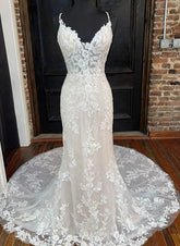 Ivory V-Neck Lace Mermaid Chapel Train Wedding Dress
