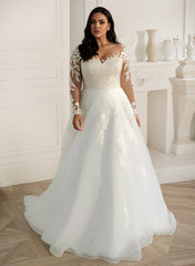 Ivory V-Neck Tulle A-Line Sweep Train Wedding Dress with Lace Appliques and Long Sleeves
