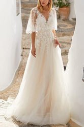 Ivory V-Neck Tulle A-Line Sweep Train Wedding Dress with Lace Appliques and Short Sleeves