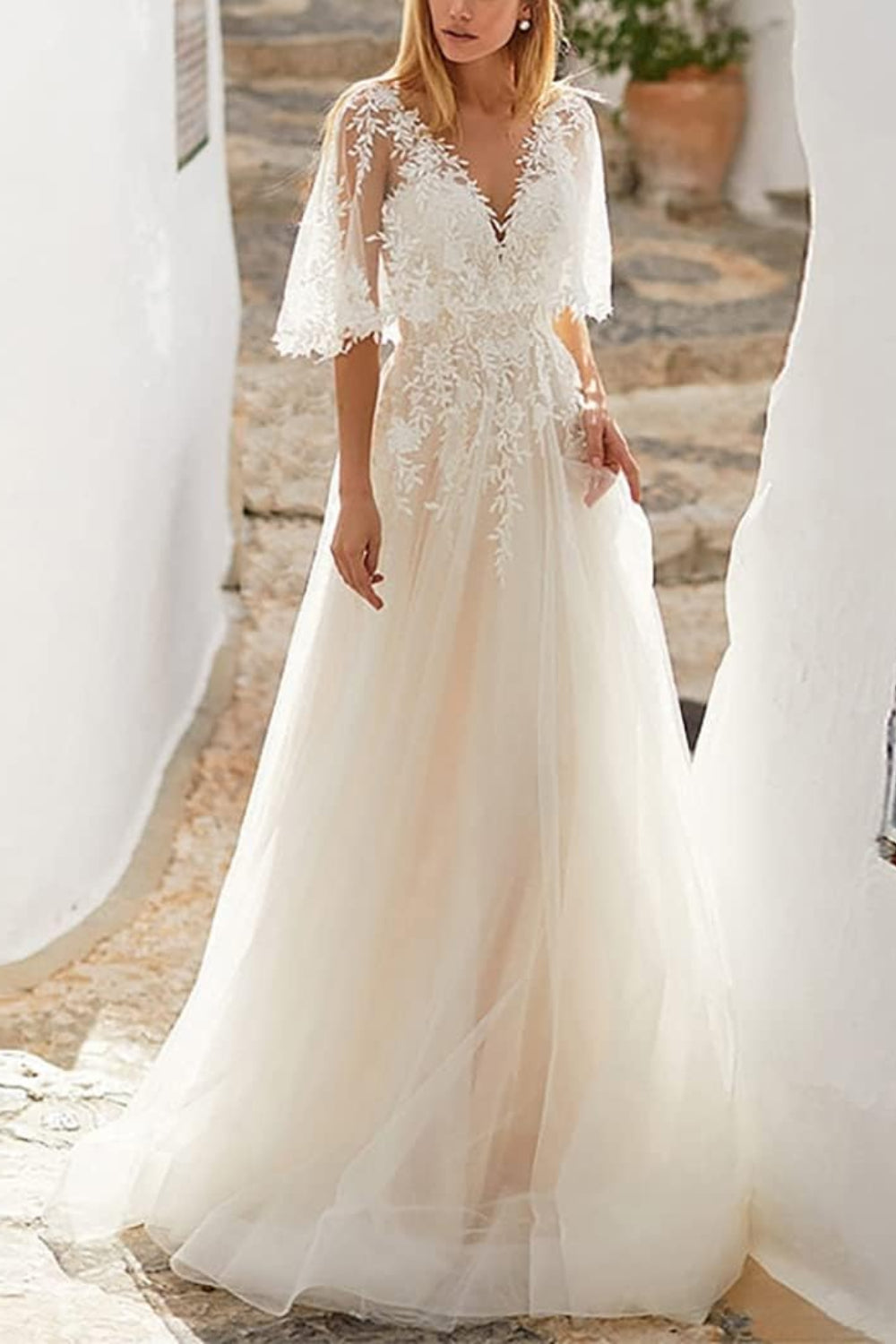 Ivory V-Neck Tulle A-Line Sweep Train Wedding Dress with Lace Appliques and Short Sleeves