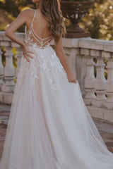 Ivory V-Neck Tulle A-Line Wedding Dress with Lace Appliques and Beading Back View