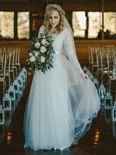 Ivory V-Neck Tulle A-Line Wedding Dress with Lace Appliques and Long Sleeves
