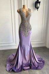 Purple Mermaid Halter Prom Dress Sleeveless Long With Beadings Crystal