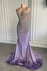 Purple Mermaid Halter Prom Dress Sleeveless Long With Beadings Crystal