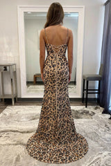 27dress Leopard Spaghetti Straps Mermaid Long Prom Dress with Slit-Front