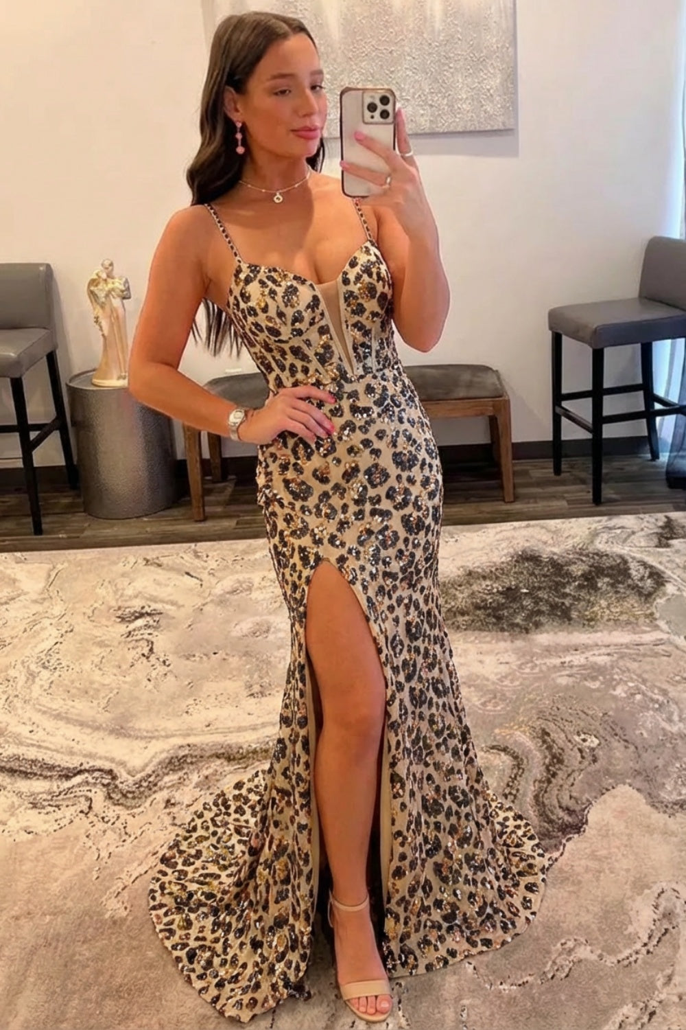 27dress Leopard Spaghetti Straps Mermaid Long Prom Dress with Slit-Front