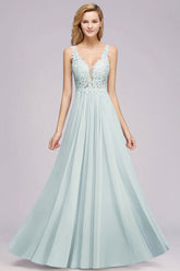 Light Blue Deep V-Neck Chiffon A-Line Long Bridesmaid Dress