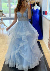Light Blue Deep V-Neck Tulle Ball Gown Long Prom Dress with Lace Appliques