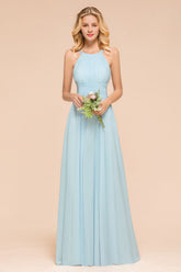 Light Blue Halter Chiffon A-Line Long Bridesmaid Dress