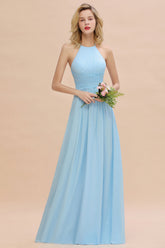 Light Blue Halter Chiffon A-Line Long Bridesmaid Dress with Ruching