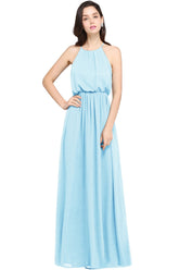 Light Blue Halter Chiffon A-Line Long Bridesmaid Dress