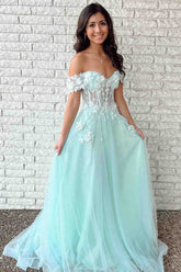 Light Blue Off The Shoulder Tulle A-Line Long Prom Dress