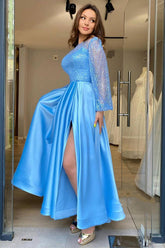 Light Blue One Shoulder Satin A-Line Long Prom Dress with Long Sleeves and Slit