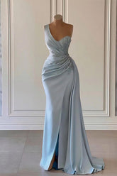 Light Blue One Shoulder Sheath Long Prom Dress with Slit