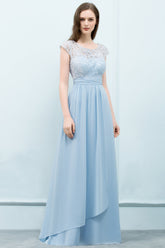 Light Blue Scoop Neck Chiffon A-Line Long Bridesmaid Dress
