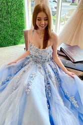 Light Blue Scoop Neck Tulle A-Line Prom Dress with Lace Appliques